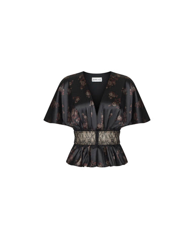 Yasmin, black satin blouse with brown flowers