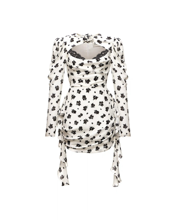 Macy, mini dress made of ivory crepe de chine with floral print