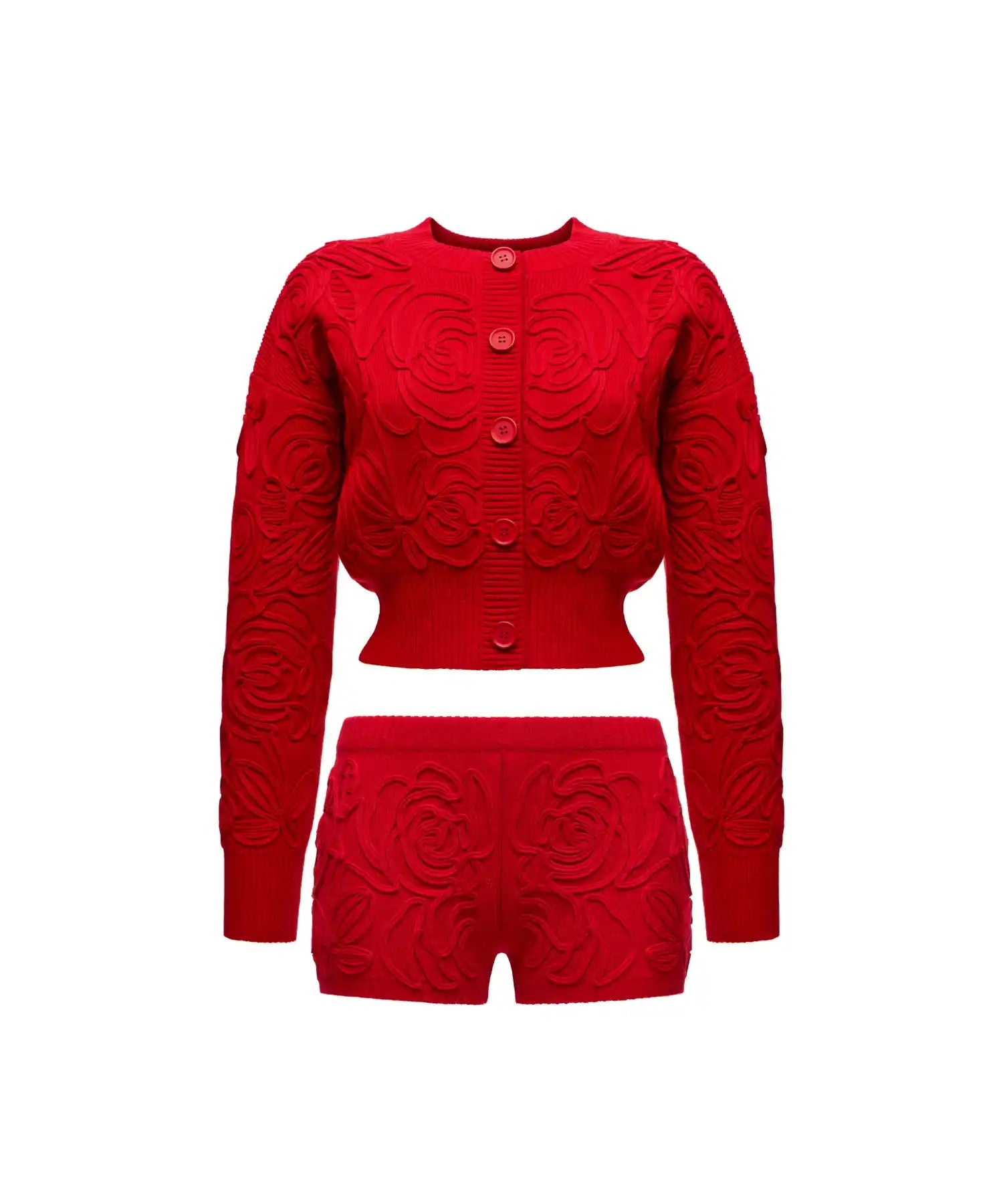 Maryl-Jade, knitted set, sweater and shorts made of red cotton with lace roses