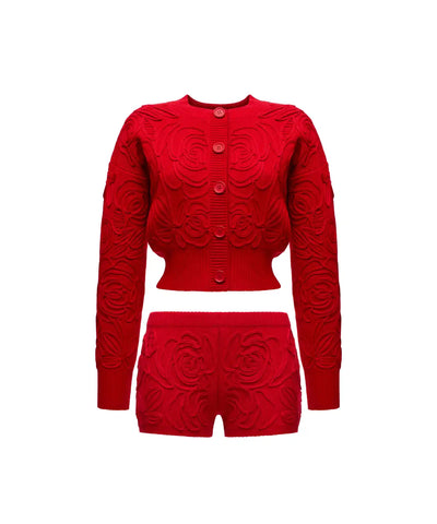 Maryl-Jade, knitted set, sweater and shorts made of red cotton with lace roses