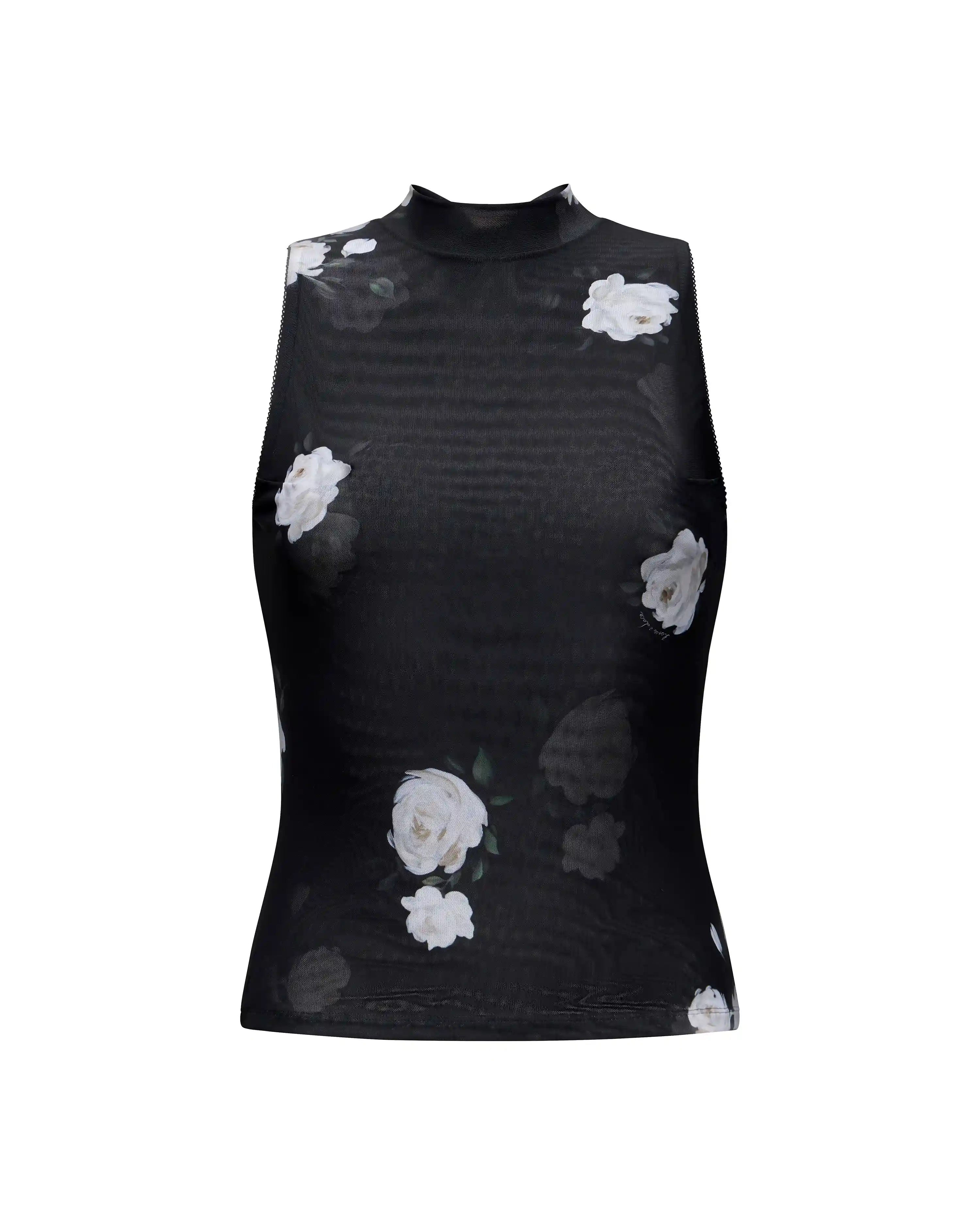 Terry, top made of black mesh with floral print