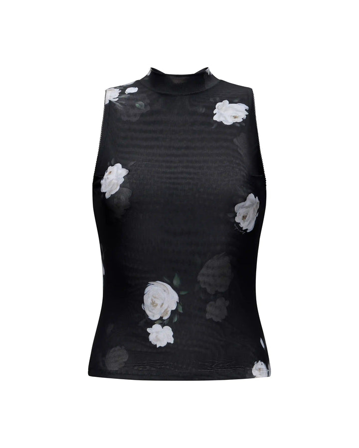 Terry, top made of black mesh with floral print