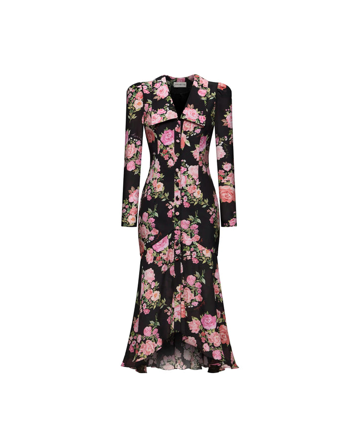 Audrice, midi dress in black crepe de chine with medium pink flowers