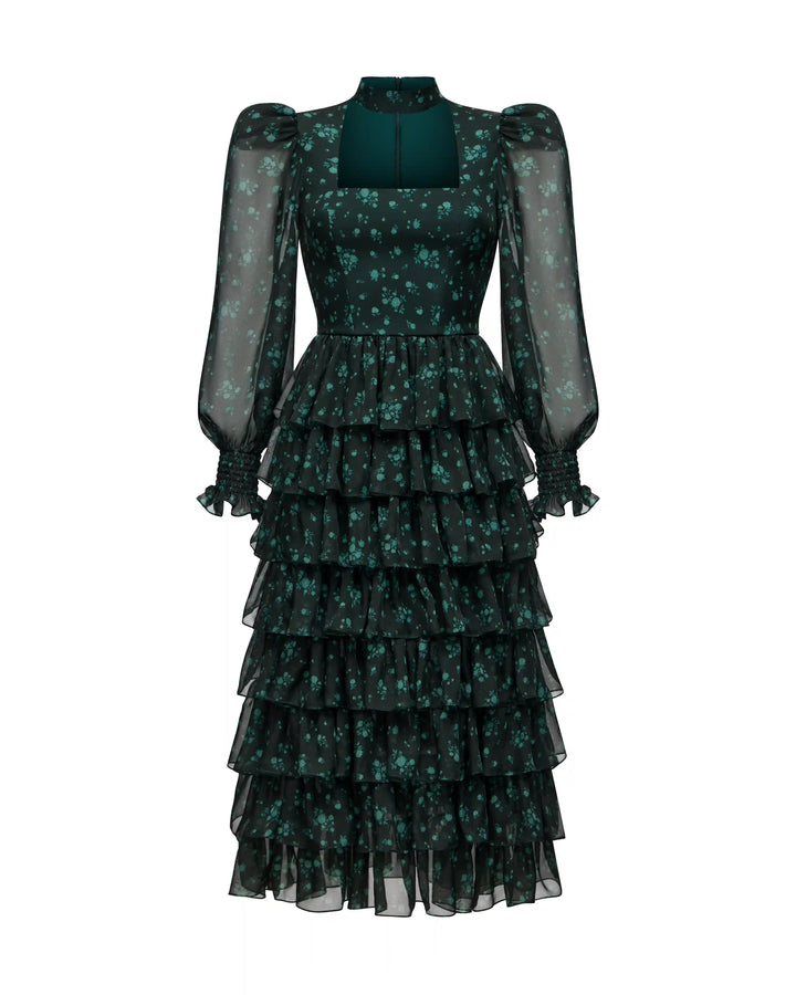Valerie midi, midi dress made of dark green chiffon with a floral print