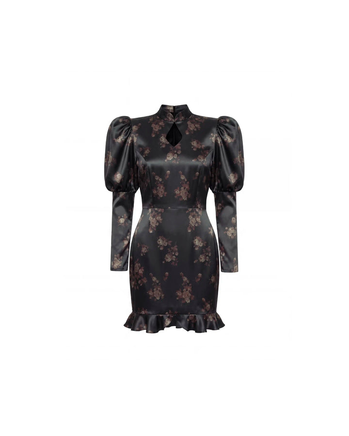 Giannetta mini, black satin mini dress with brown flowers
