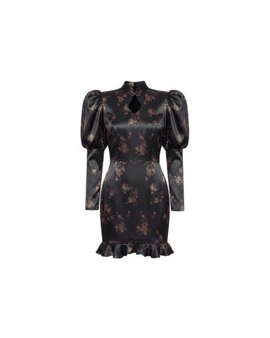 Giannetta mini, black satin mini dress with brown flowers