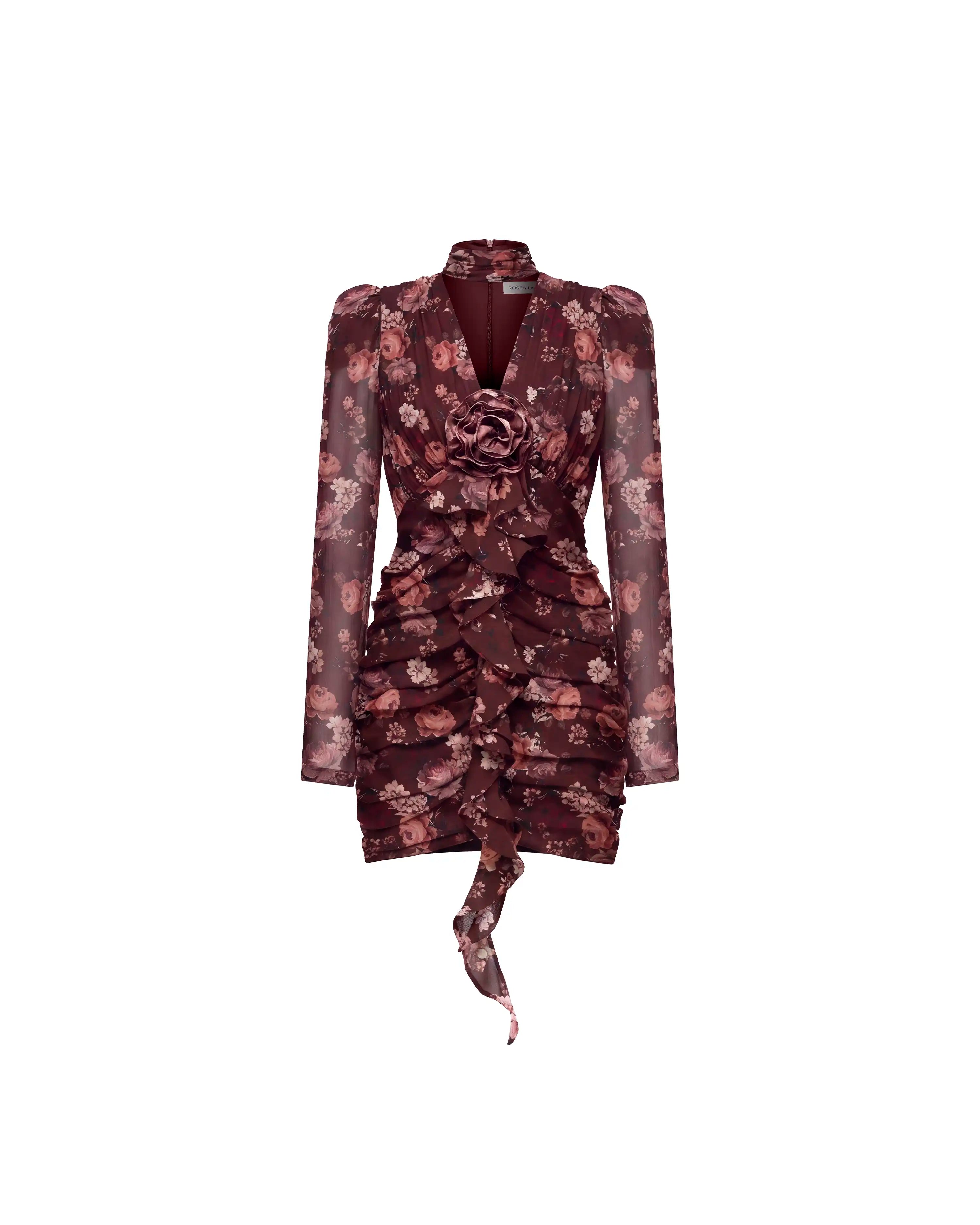 Vienna mini, burgundy chiffon mini dress with multicolor floral print
