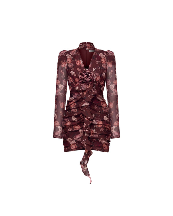 Vienna mini, burgundy chiffon mini dress with multicolor floral print