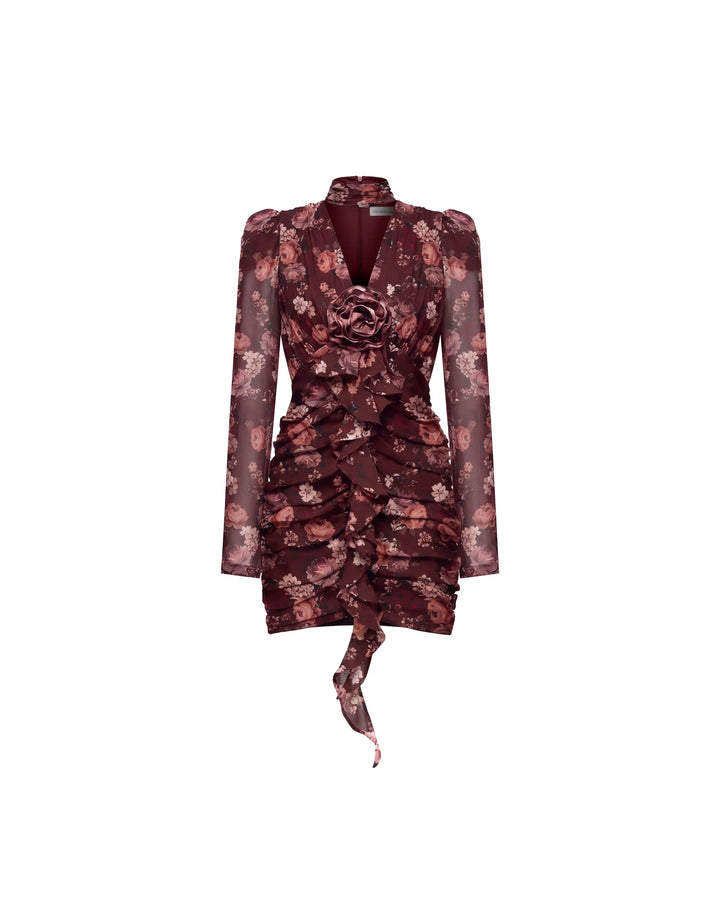 Vienna mini, burgundy chiffon mini dress with multicolor floral print