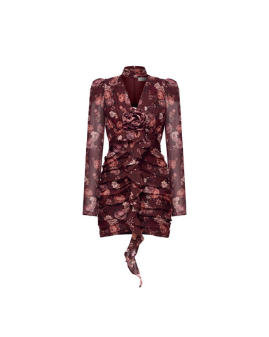 Vienna mini, burgundy chiffon mini dress with multicolor floral print