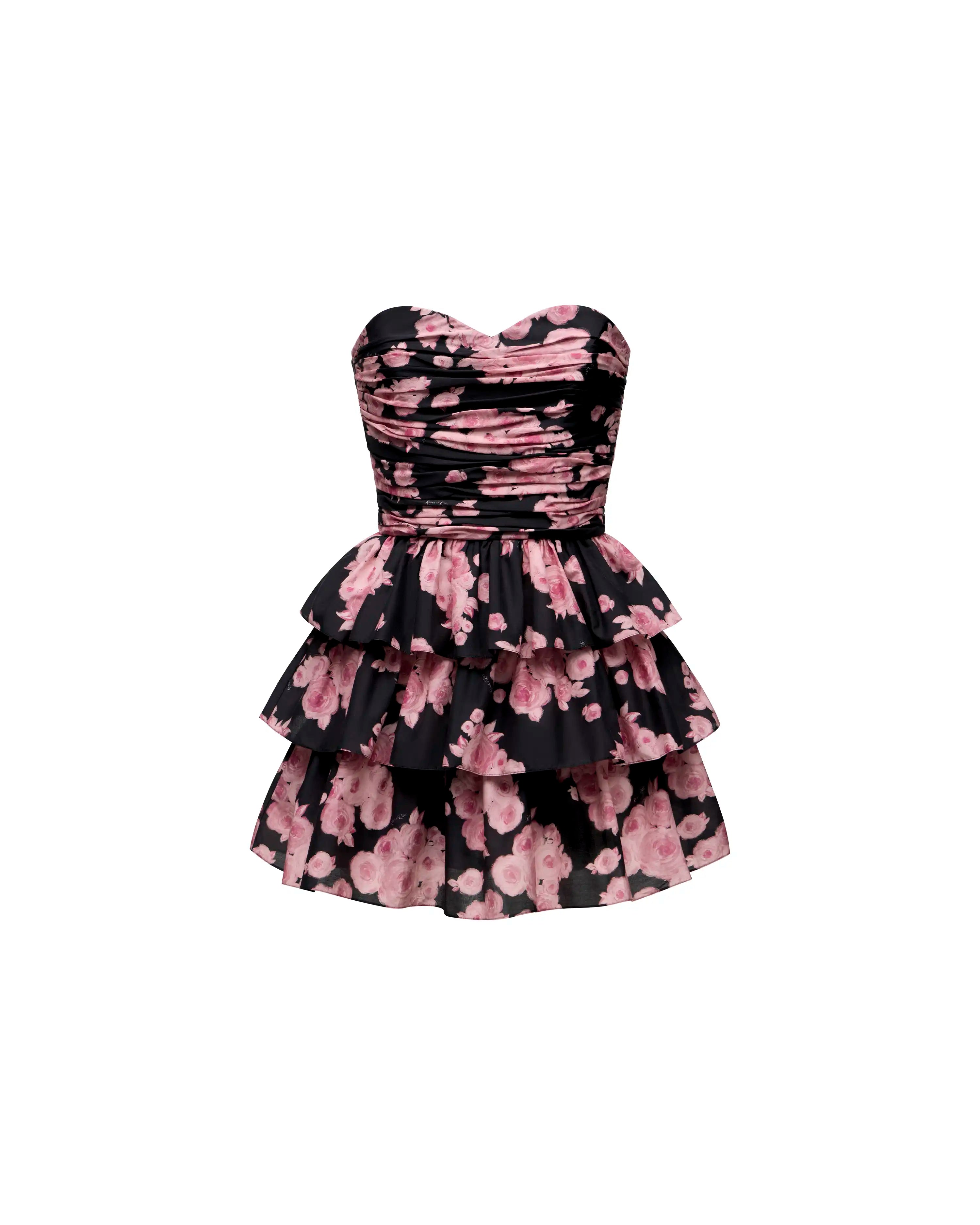 Irma mini, mini dress in black batiste with medium pink flowers