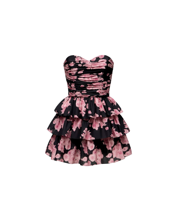 Irma mini, mini dress in black batiste with medium pink flowers