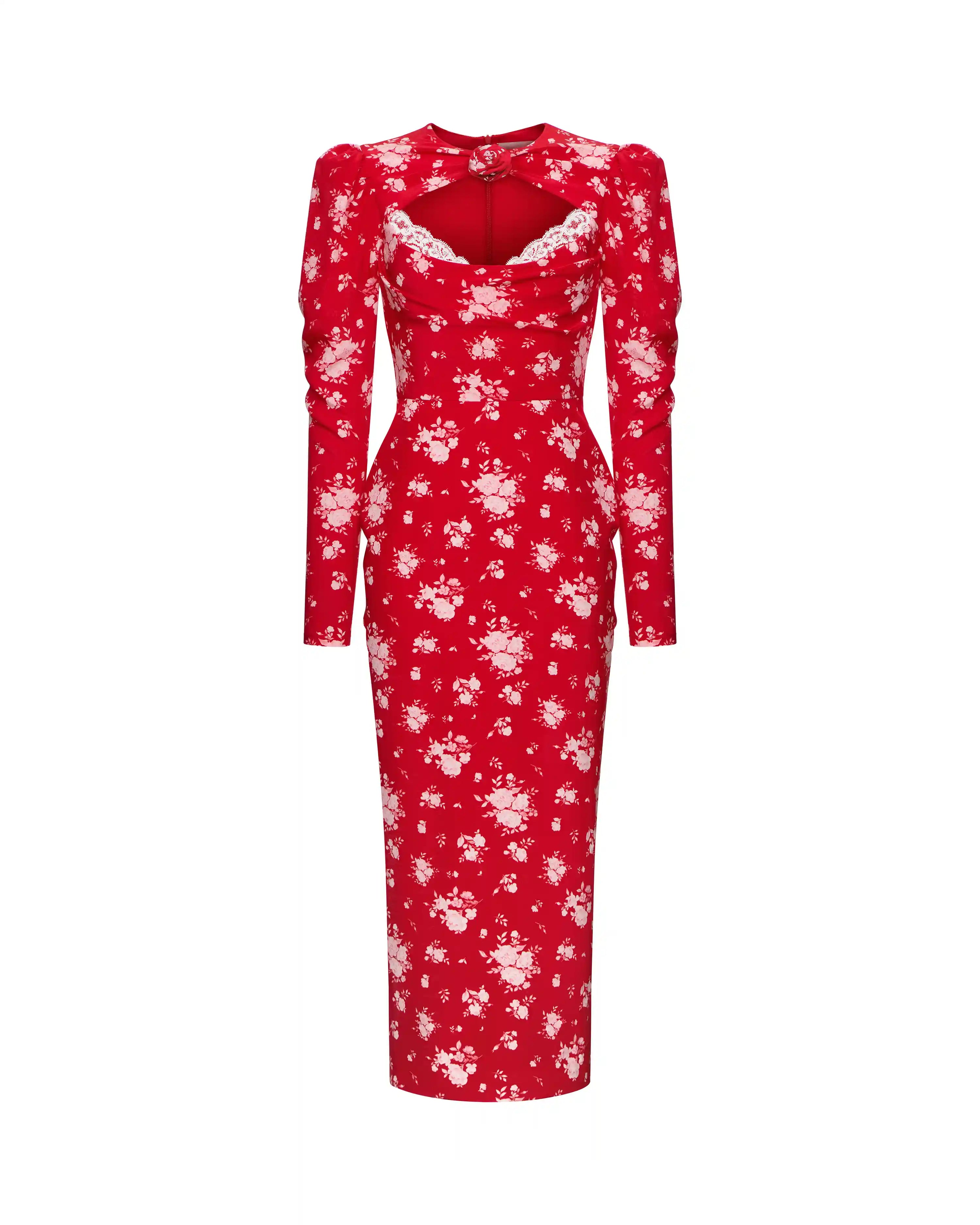 Macel midi, red crepe de chine midi dress with a floral print