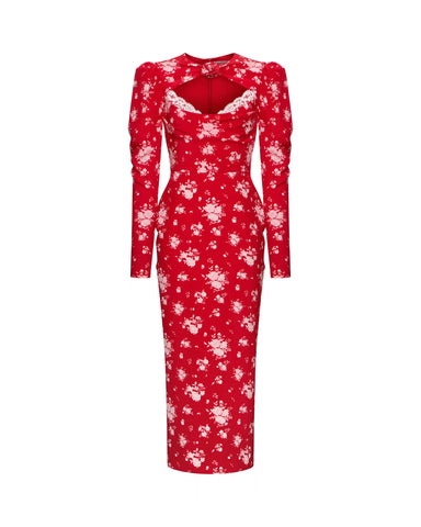Macel midi, red crepe de chine midi dress with a floral print