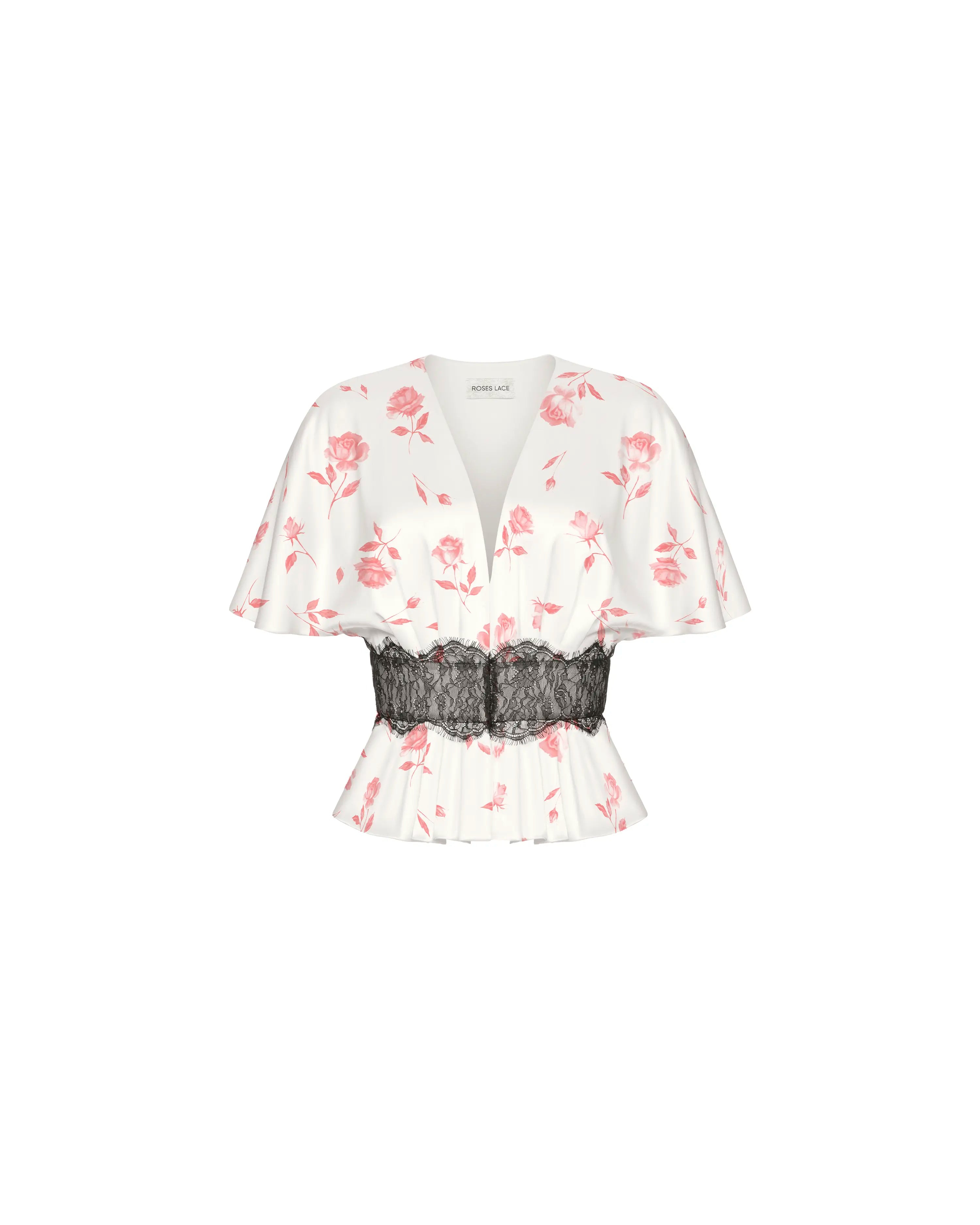 Yasmin, ivory satin blouse with medium light pink flowers
