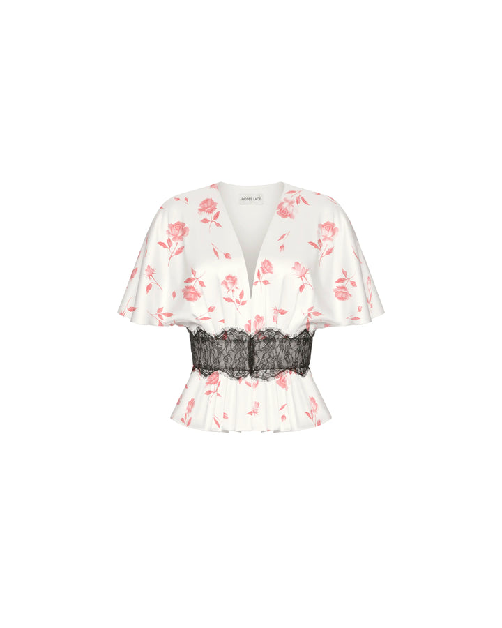 Yasmin, ivory satin blouse with medium light pink flowers