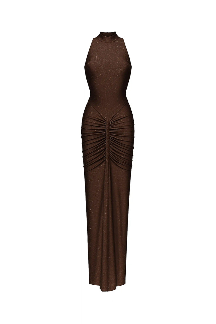 Ivy maxi, chocolate biflex maxi dress embellished with rhinestones