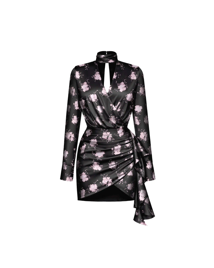 Leah mini, black satin mini dress with floral print