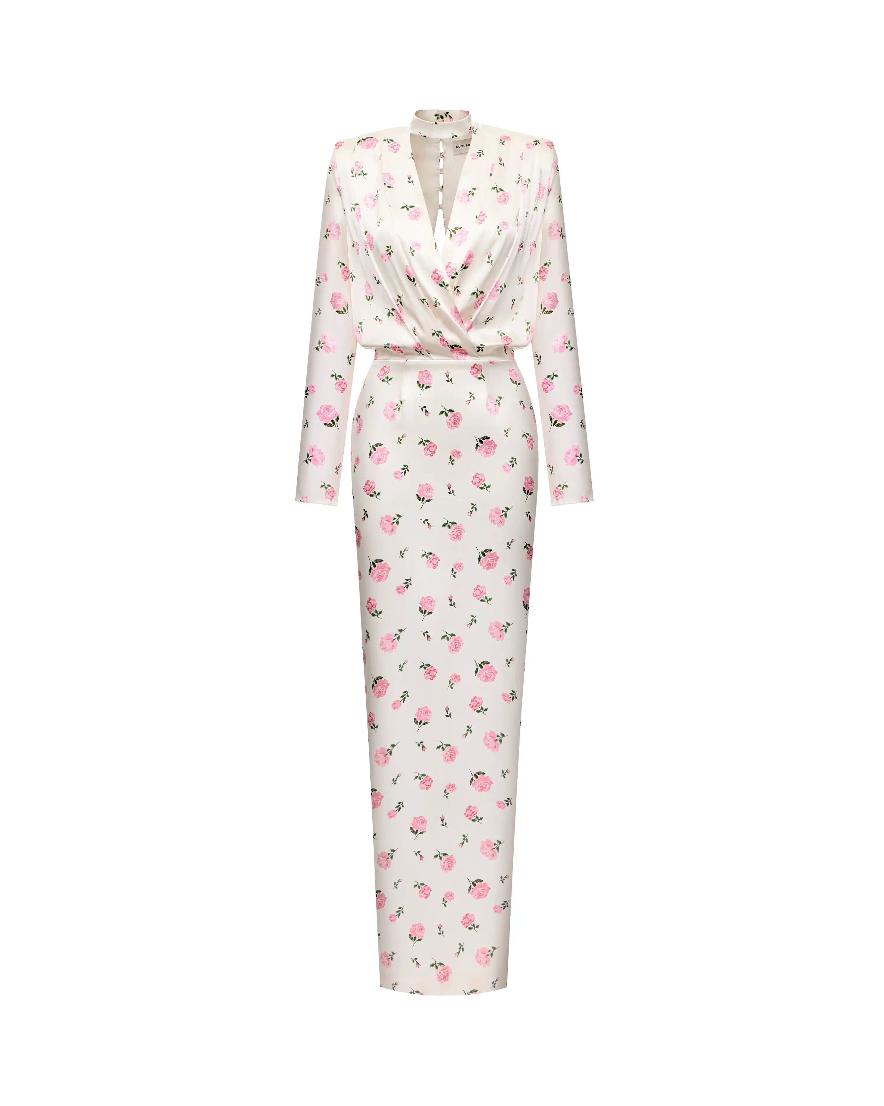 Jasmine maxi, satin maxi dress in milky with medium pink flowers