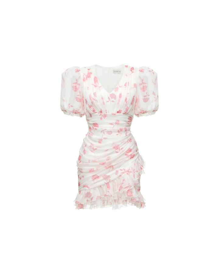 Josephine mini, ivory chiffon mini dress with medium light pink flowers