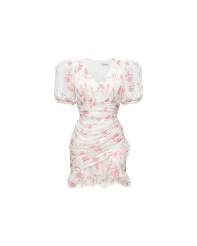 Josephine mini, ivory chiffon mini dress with medium light pink flowers
