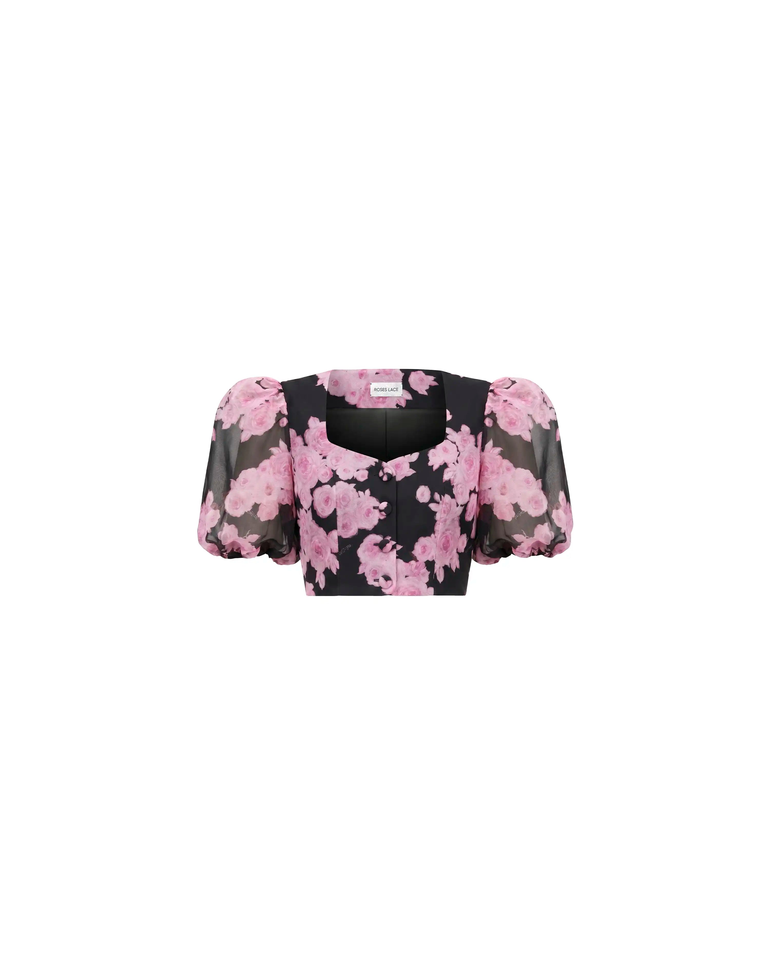 Chanelle, black chiffon top with large pink flowers
