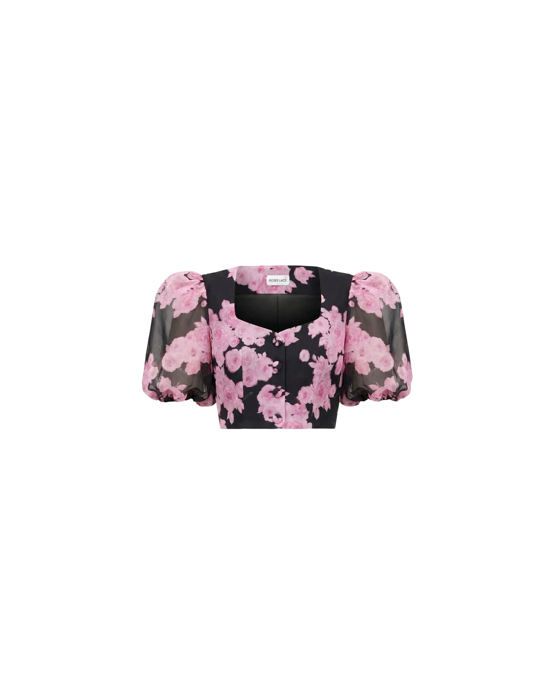 Chanelle, black chiffon top with large pink flowers