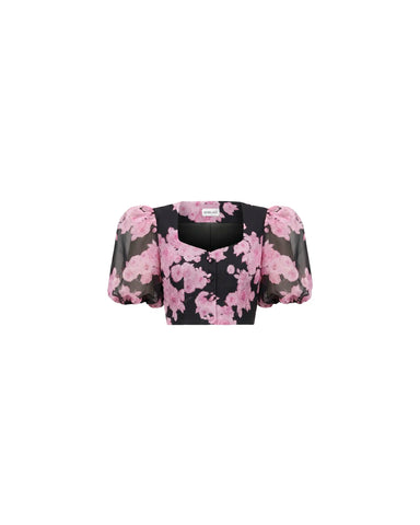Chanelle, black chiffon top with large pink flowers