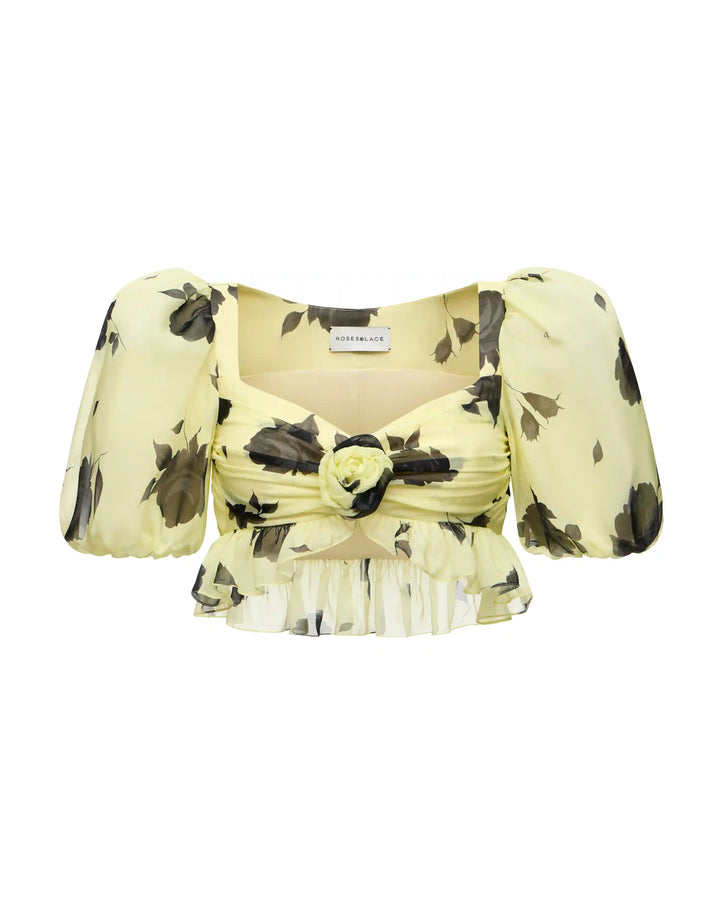 Melisa, crop top made of yellow chiffon with gray flowers