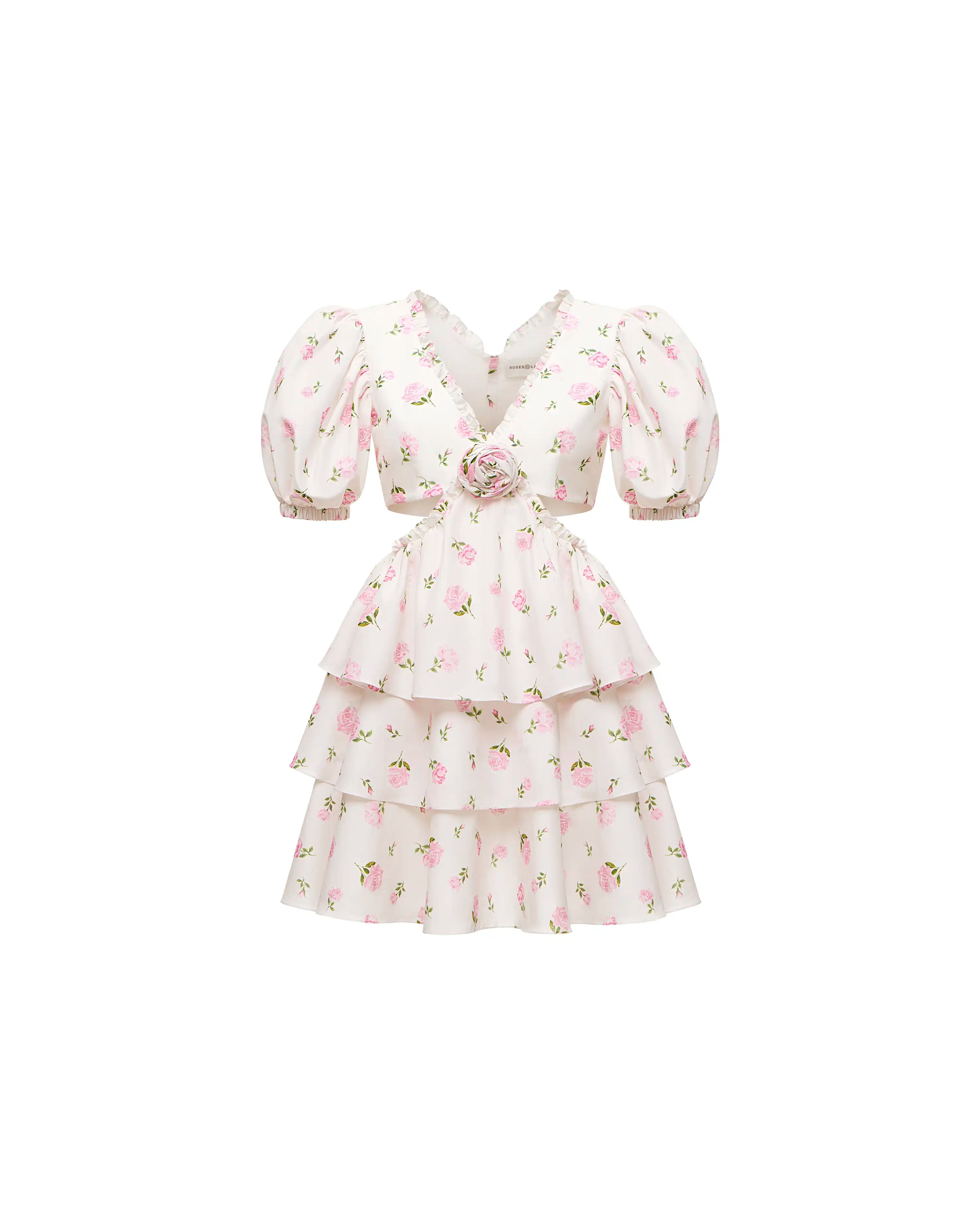 Kelly mini, mini dress in milky batiste with medium light pink roses