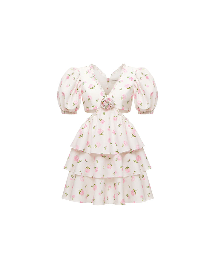 Kelly mini, mini dress in milky batiste with medium light pink roses