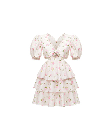 Kelly mini, mini dress in milky batiste with medium light pink roses