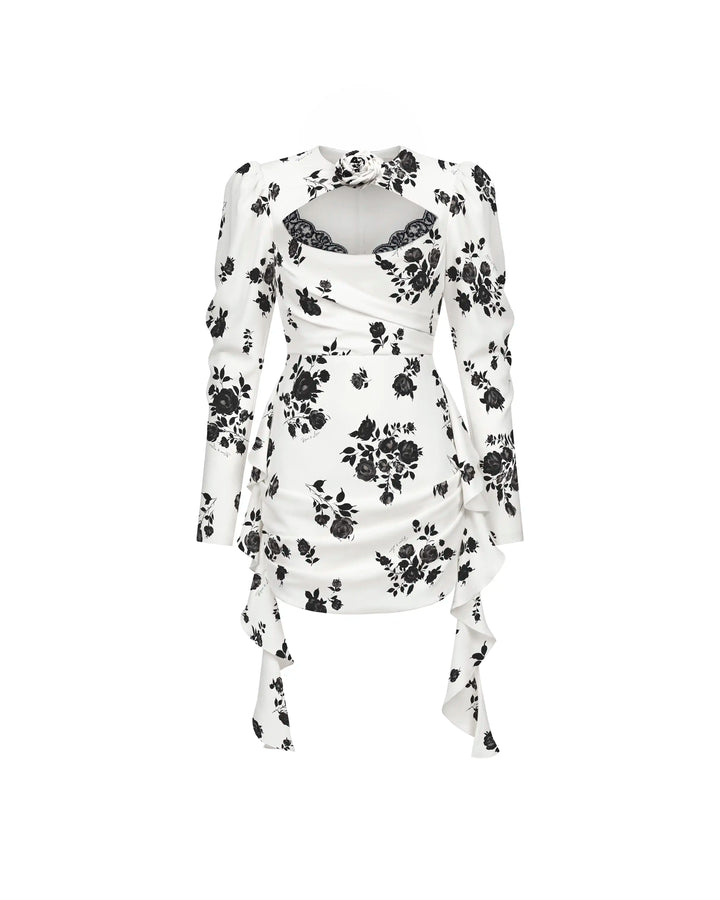 Macy mini, milky crepe de chine mini dress with floral print