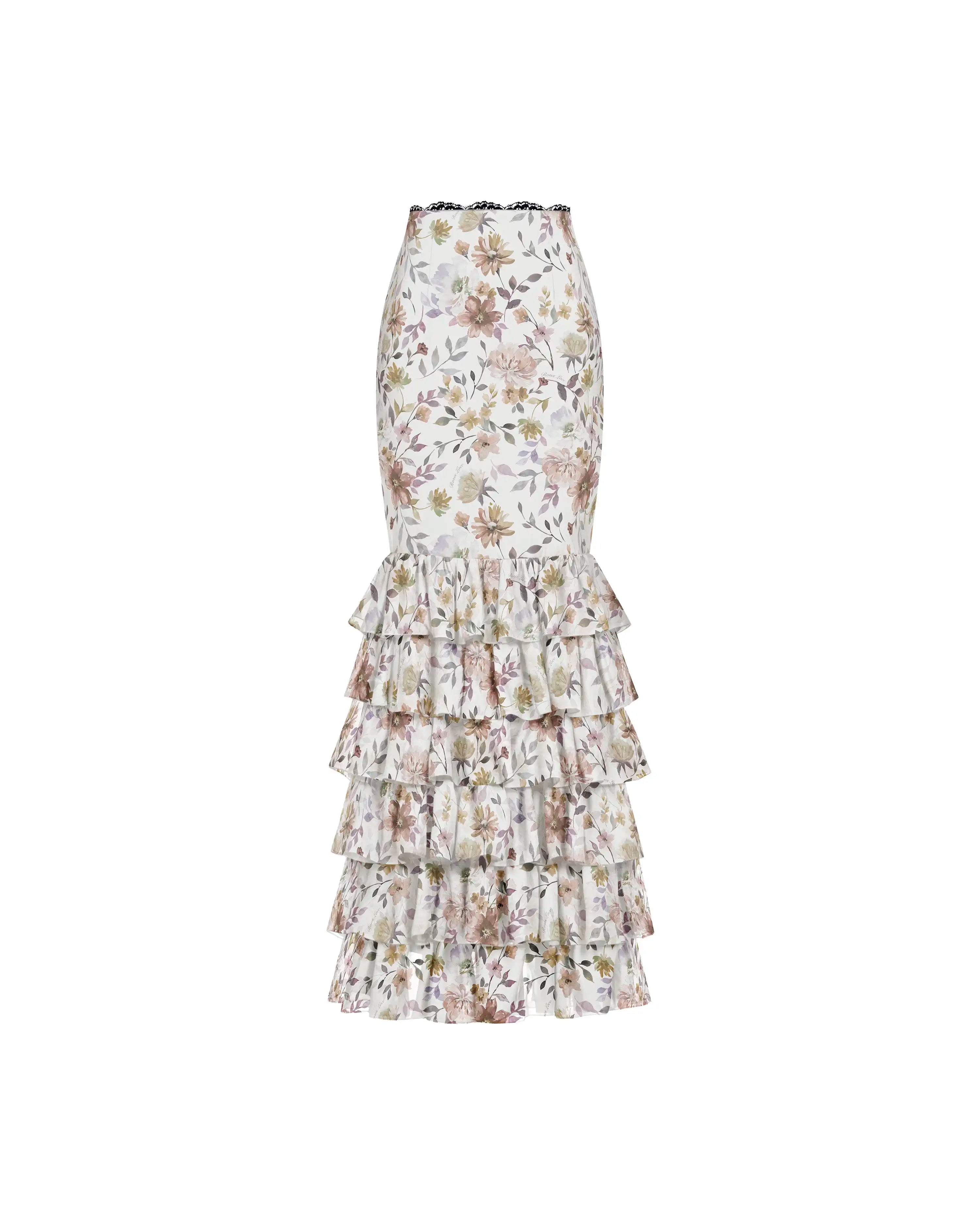 Ru, milky chiffon midi skirt with multicolor floral print and lace trim