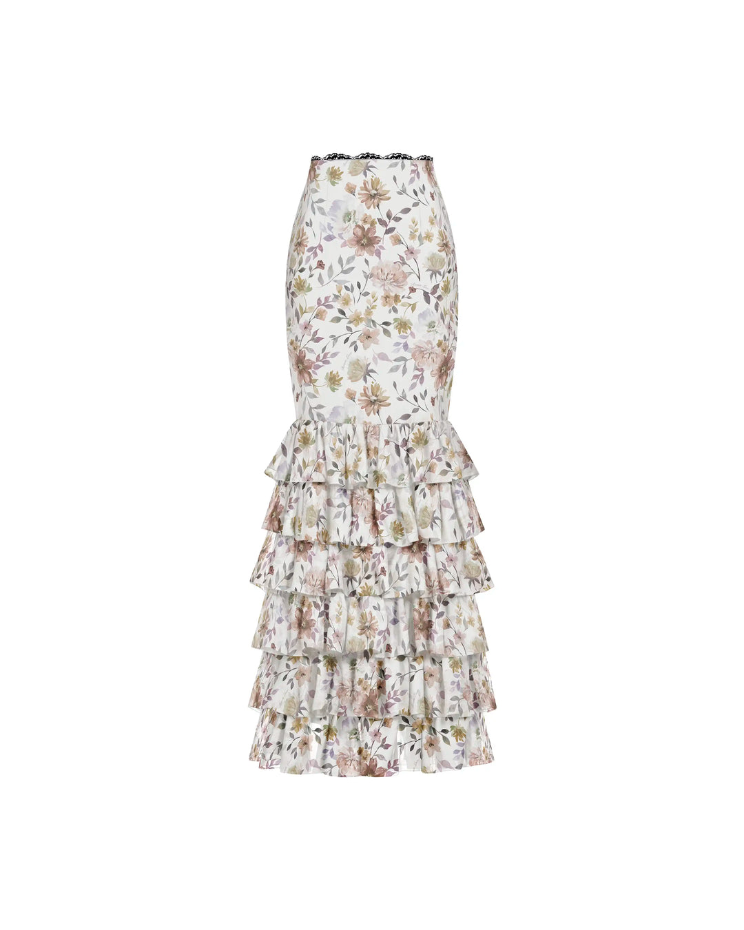 Ru, milky chiffon midi skirt with multicolor floral print and lace trim