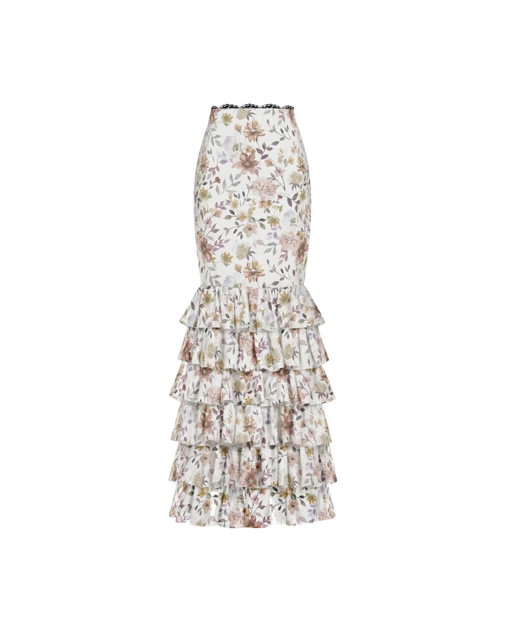 Ru, milky chiffon midi skirt with multicolor floral print and lace trim