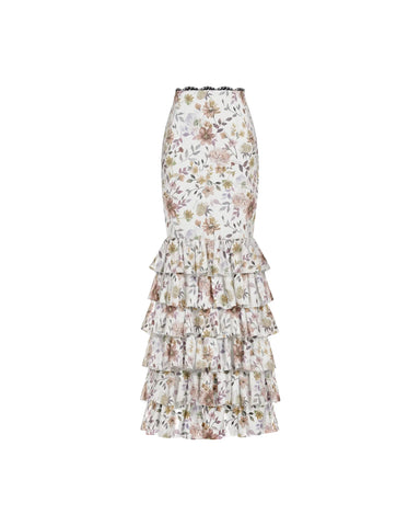 Ru, milky chiffon midi skirt with multicolor floral print and lace trim
