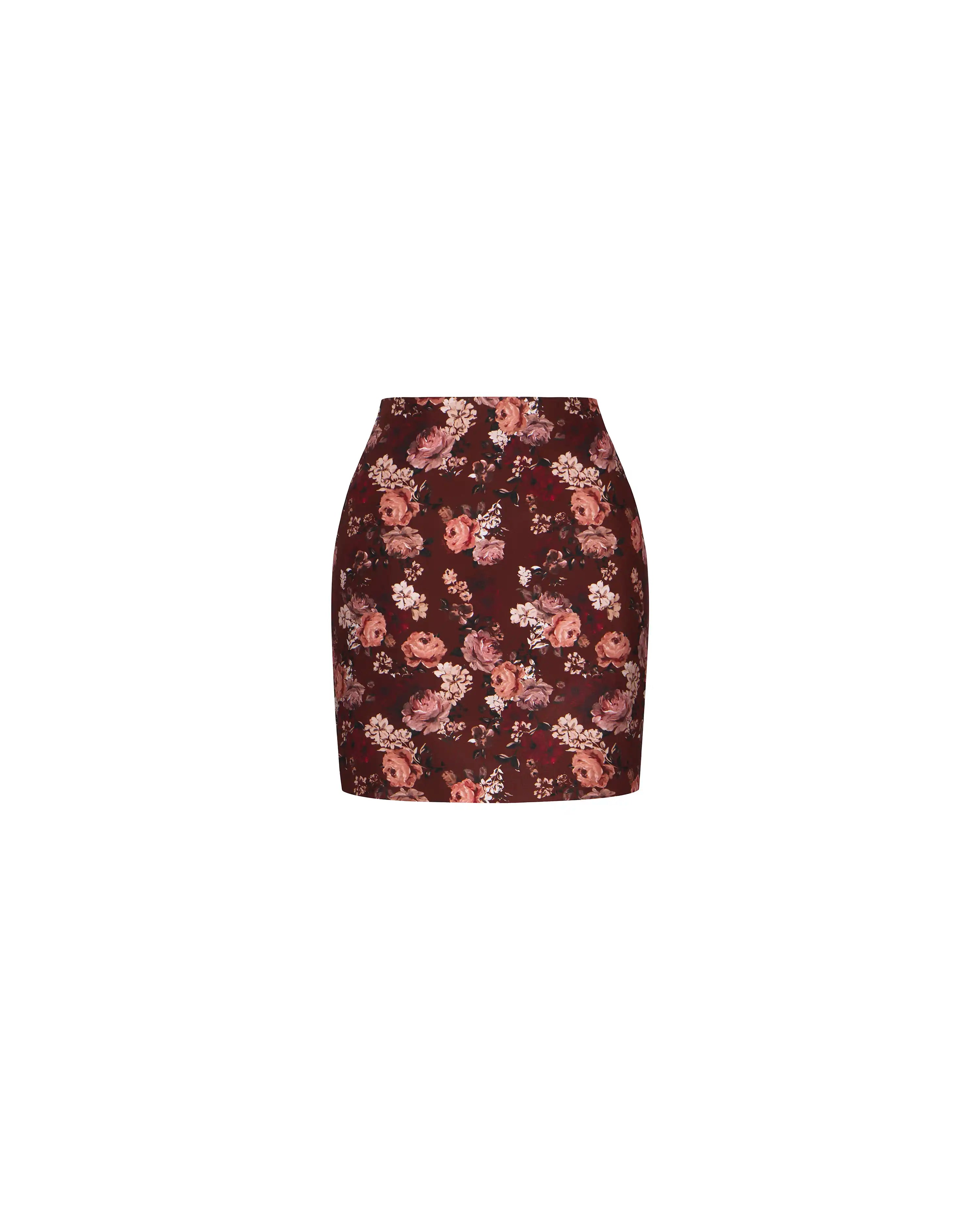 Mona mini, burgundy crepe de chine mini skirt with multicolor flowers