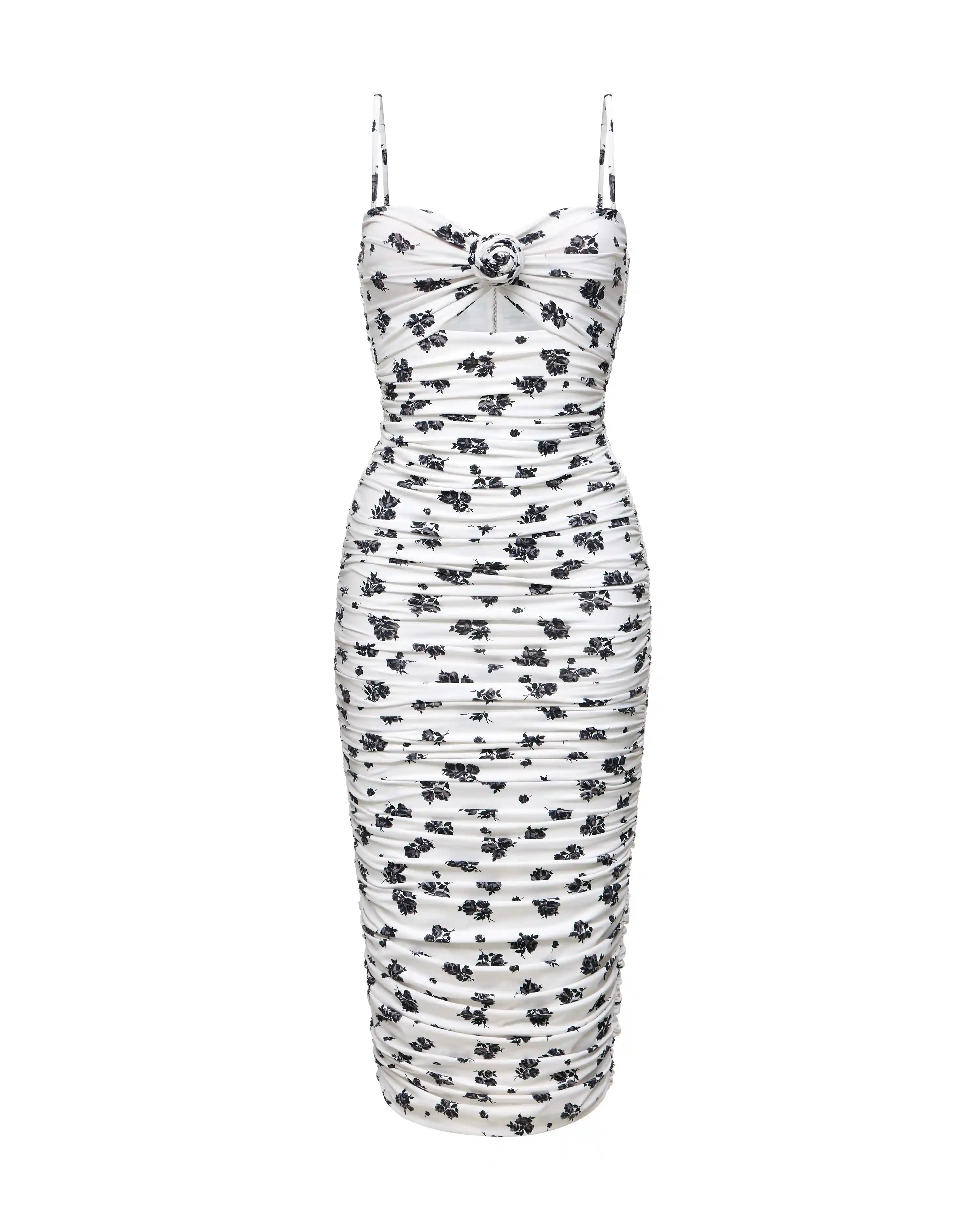 Nicole midi, midi dress made of ivory biflex with floral print and a rose