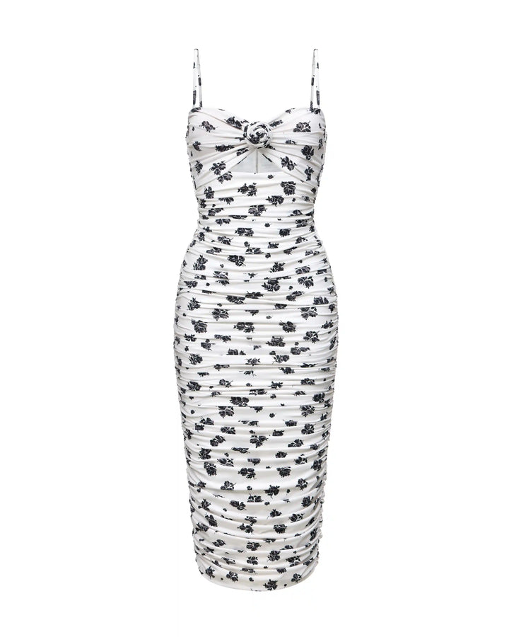 Nicole midi, midi dress made of ivory biflex with floral print and a rose