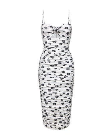 Nicole midi, midi dress made of ivory biflex with floral print and a rose