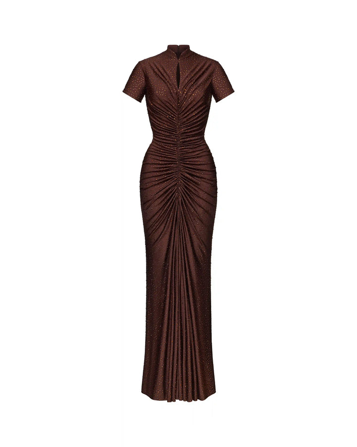 Amanda, chocolate biflex maxi dress embellished with rhinestones