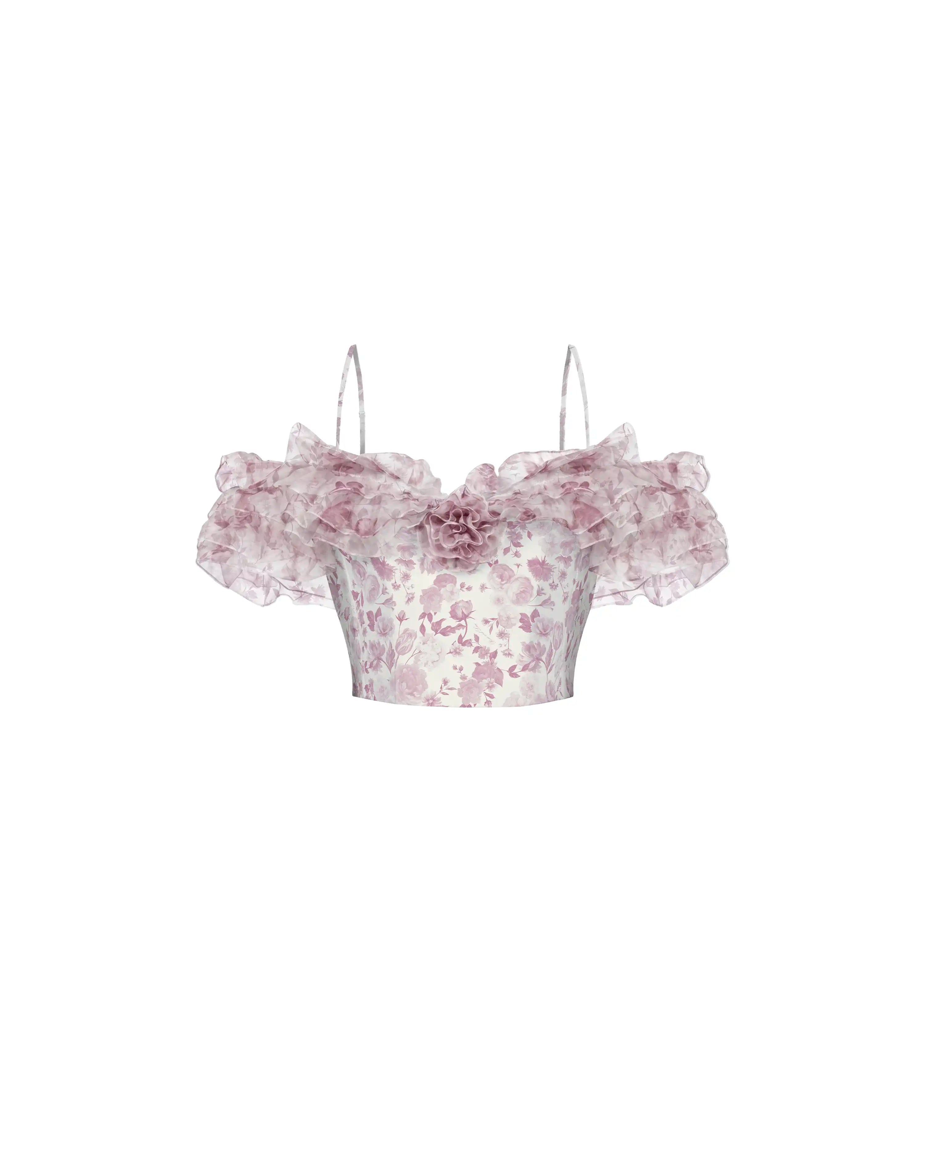 May top, top in milky organza with a floral print
