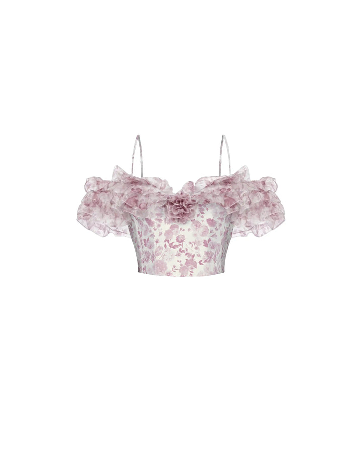 May top, top in milky organza with a floral print