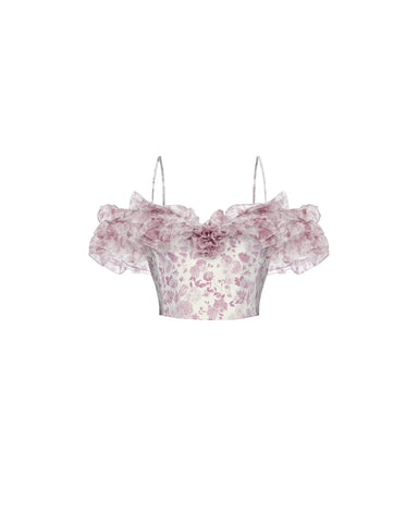 May top, top in milky organza with a floral print