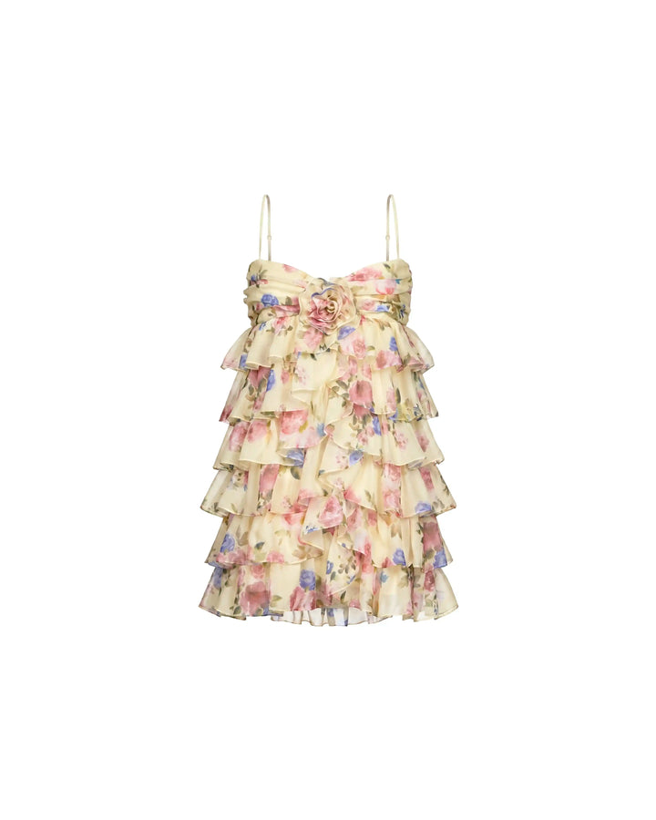 Willow mini, mini dress in pale yellow chiffon with a floral print