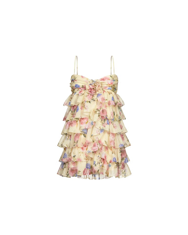 Willow mini, mini dress in pale yellow chiffon with a floral print