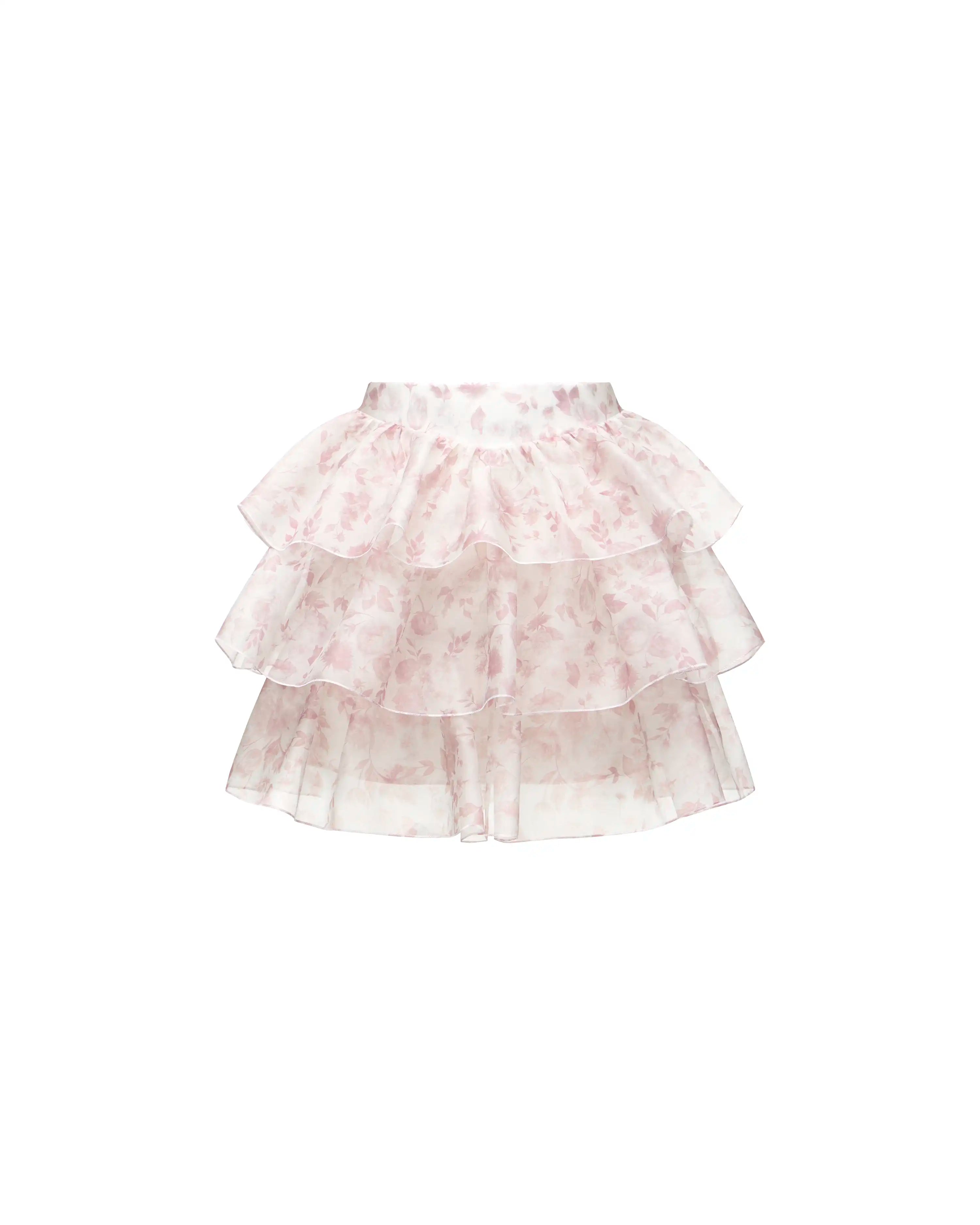 Betty mini, mini skirt in milky organza with a floral print