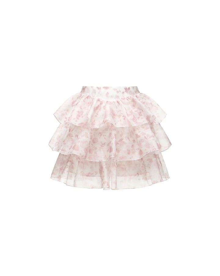 Betty mini, mini skirt in milky organza with a floral print