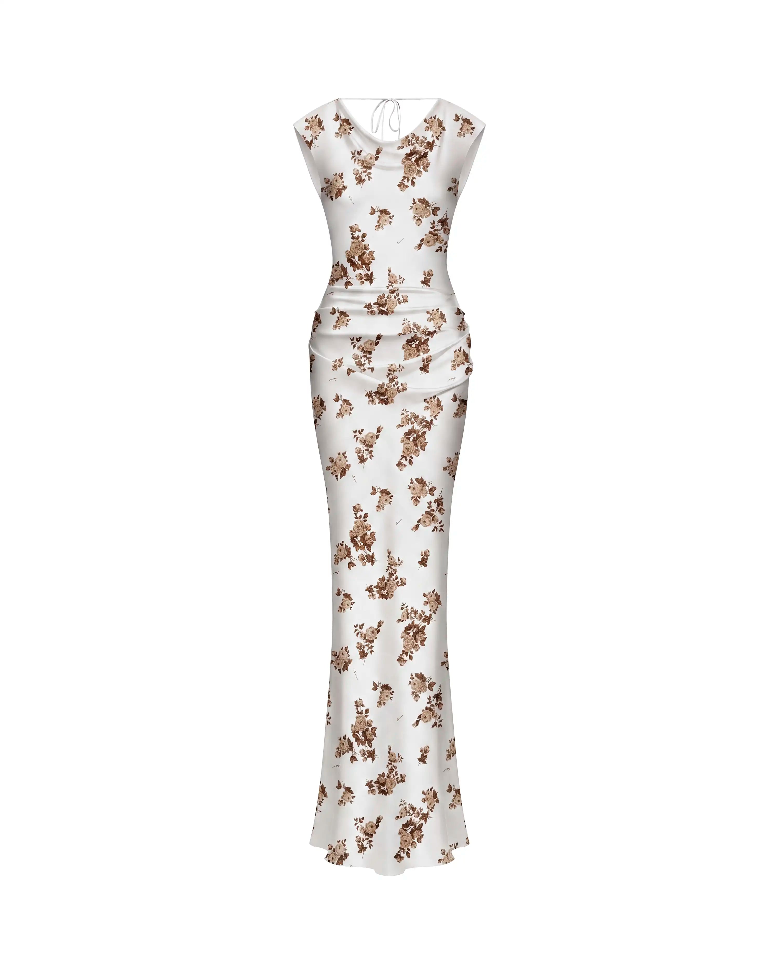 Lucy maxi, ivory satin maxi dress with brown flowers